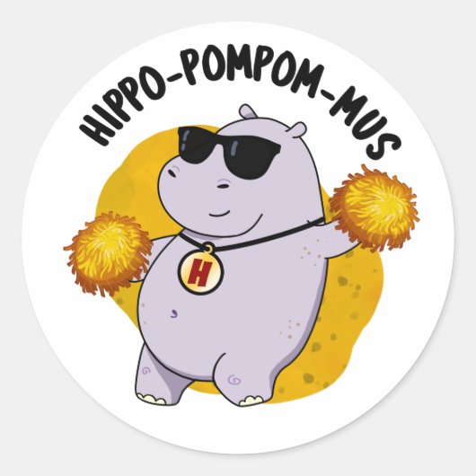 Hippo-pompom-mus Funny Animal Hippo Pun Runder Aufkleber (Vorderseite)