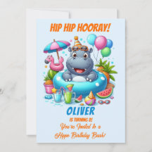 Hippo-Poolparty-Geburtstagseinladung HipHip Hurra