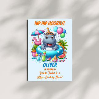 Hippo-Poolparty-Geburtstagseinladung HipHip Hurra Einladung