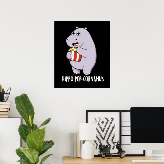 Hippo-Pop-cornamus Funny Hippo Pun Dark BG Poster (Heimbüro)