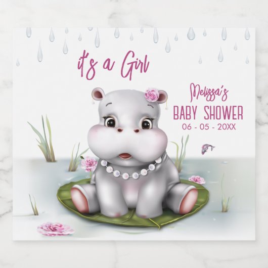 Hippo River Adventure Girl Baby Shower Schaumweinetikett (Einzelnes Label)