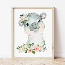 Hippo, Safari, Dschungel, rosa Blume, Girl-Kinderz Poster