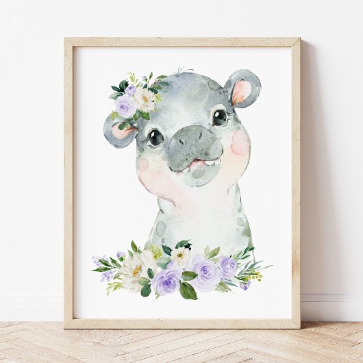 Hippo, Safari, Purple Flowers, Gender Neutral Poster