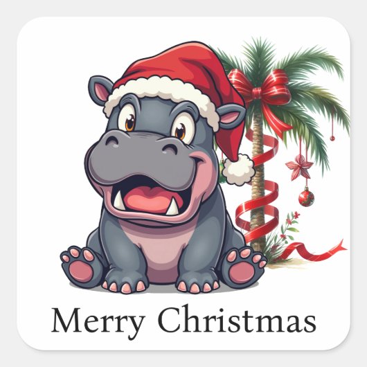 Hippo Santa Holiday Cheer Button Quadratischer Aufkleber (Vorderseite)