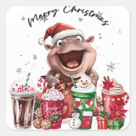 Hippo Santa Holiday Cheer Button Quadratischer Aufkleber