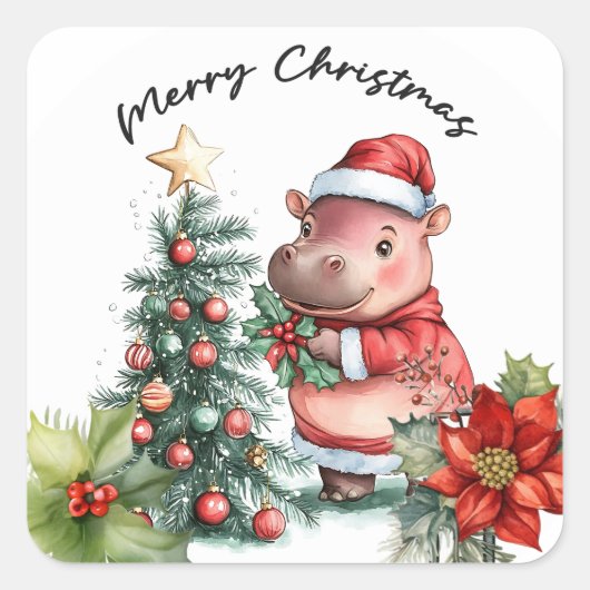 Hippo Santa Holiday Cheer Button Quadratischer Aufkleber (Vorderseite)