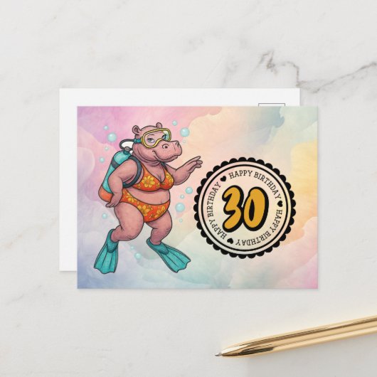 Hippo scuba diver 30th Birthday  Postkarte (Vorderseite/Rückseite Beispiel)