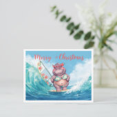 Hippo Surfer on Surf Board on Christmas Holiday Postkarte (Stehend Vorderseite)