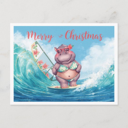 Hippo Surfer on Surf Board on Christmas Holiday Postkarte (Vorderseite)