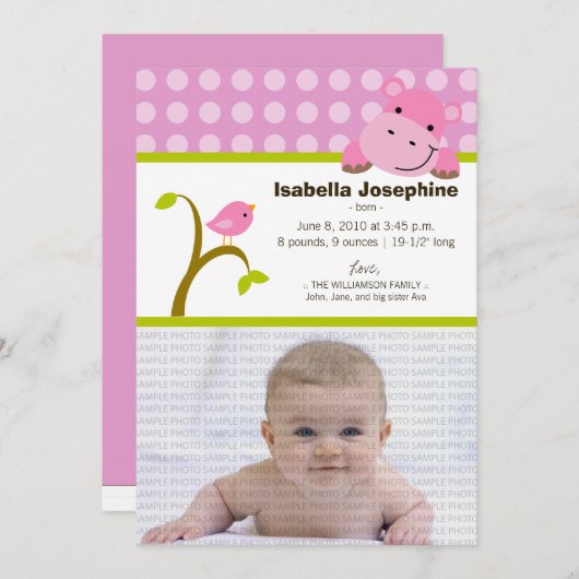 Hippo und Birdie Baby Birth Announcement (pink) Ankündigung (Vorne/Hinten)