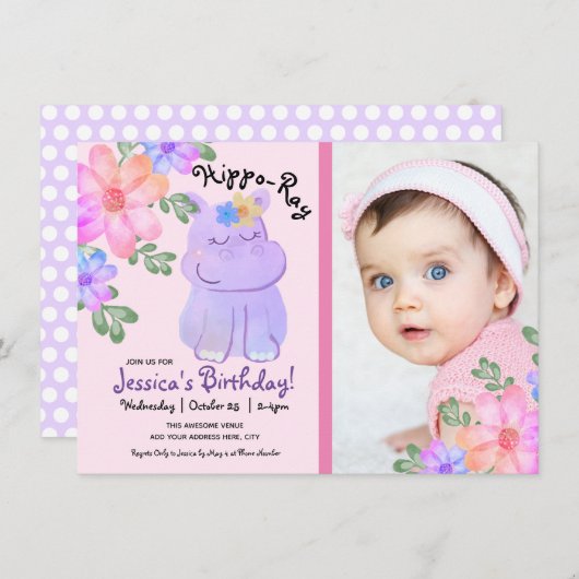 Hippo Watercolor Birthday Giro Floral Einladung (Vorne/Hinten)
