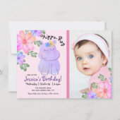 Hippo Watercolor Birthday Giro Floral Einladung (Vorderseite)