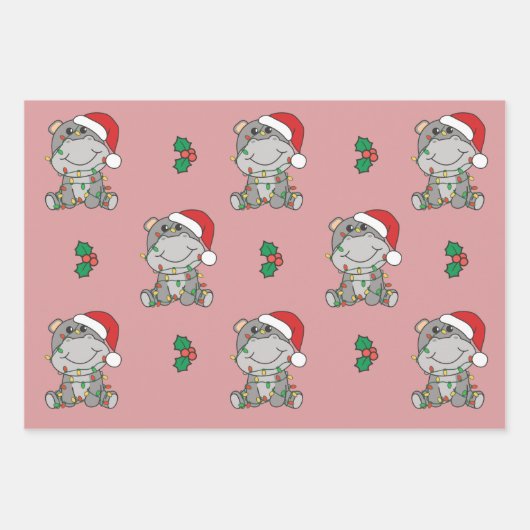 Hippo Weihnachts Wintertiere Urlaub Hippos Geschenkpapier Set (Vorderseite 3)