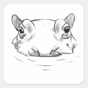 Hippo zeichnend quadratischer aufkleber