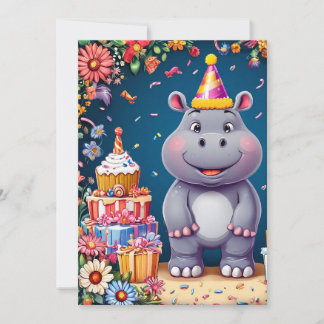 Hippo zum Geburtstag mit Kuchen und Ballons Einladung