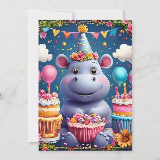 Hippo zum Geburtstag mit Kuchen und Ballons Einladung (Vorderseite)