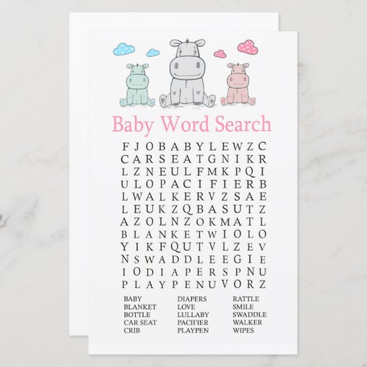Hippopotamus Baby Dusche Word Search Game (Vorne/Hinten)