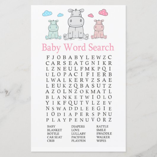 Hippopotamus Baby Dusche Word Search Game (Vorderseite)