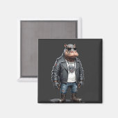 Hippopotamus Biker-Rebell in Lederjacket Cool Magnet (Vorderseite/Rückseite)