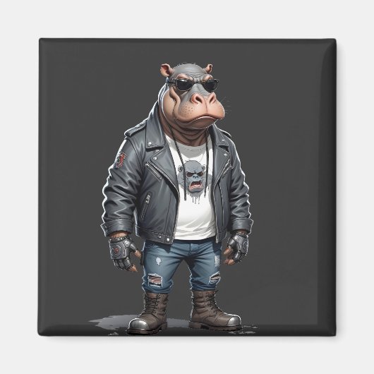 Hippopotamus Biker-Rebell in Lederjacket Cool Magnet (Vorne)