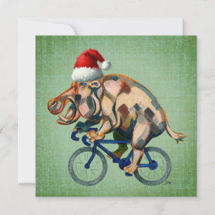 Hippopotamus Fahrradfahren mit Weihnachtsmannmütze Feiertagskarte