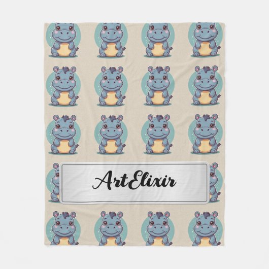 Hippopotamus Niedlich Kawaii Blue Print Fleecedecke (Vorderseite)