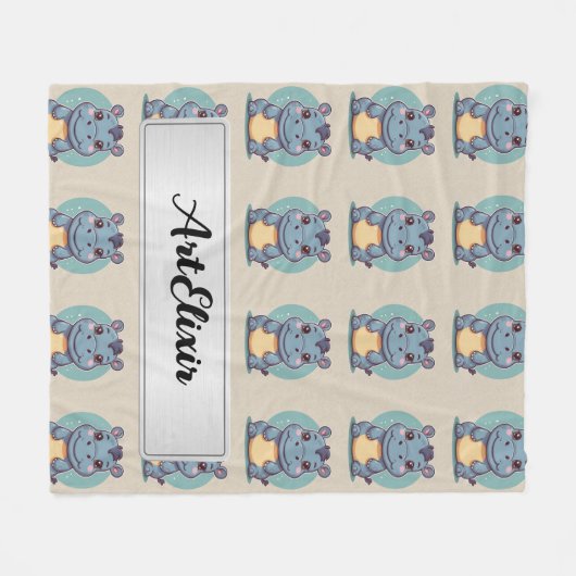 Hippopotamus Niedlich Kawaii Blue Print Fleecedecke (Vorderseite (Horizontal))