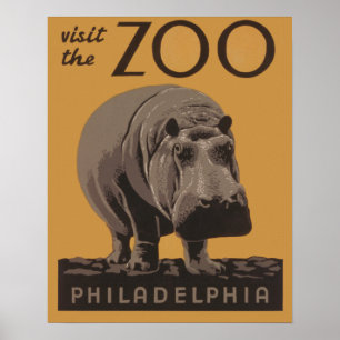 Hippopotamus Vintag WPA Zoo Poster Hippo Art