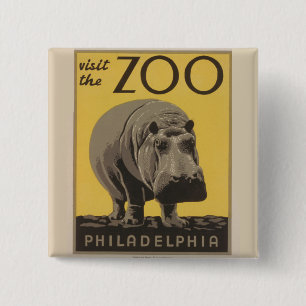 Hippopotamus Vintag WPA Zoo Poster Philadelphia Button