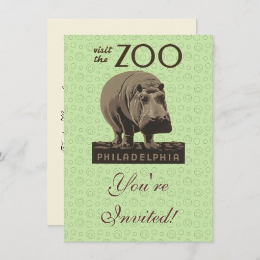Hippopotamus Vintages Nilpferd-Zooposter wpa Einladung (Vorne/Hinten)