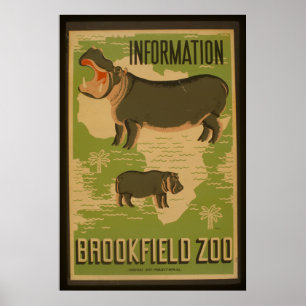 Hippos bei Brookfield Zoo Information Vintag WPA Poster