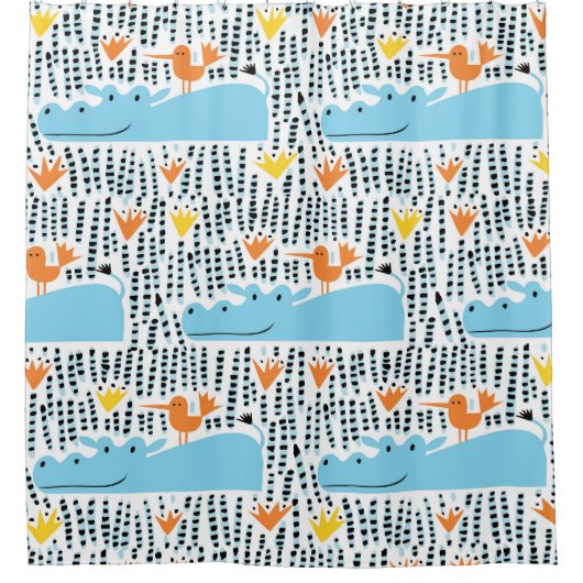 Hippos Birds Lake: Vintages Muster. Duschvorhang (Vorderseite)