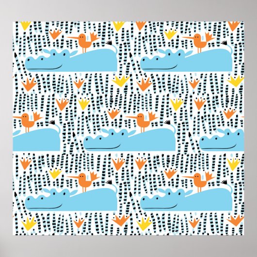 Hippos Birds Lake: Vintages Muster. Poster (Vorne)