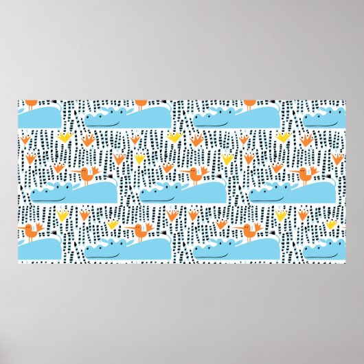 Hippos und Vögel im See nahtlos Muster vint Poster (Vorne)