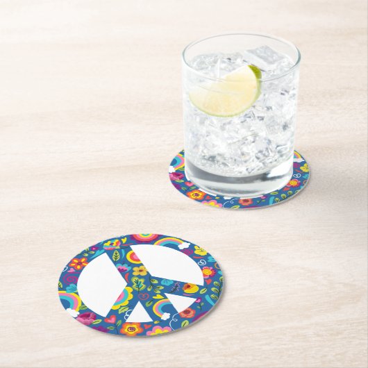 Hippy 60er Boho Peace Sign Runder Pappuntersetzer (Vor Ort)