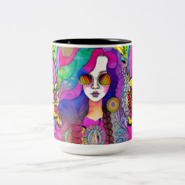 Hippy Art Female mit Sonnenbrille Coffee 15 oz Tas Zweifarbige Tasse