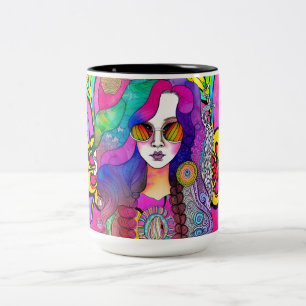 Hippy Art Female mit Sonnenbrille Coffee 15 oz Tas Zweifarbige Tasse