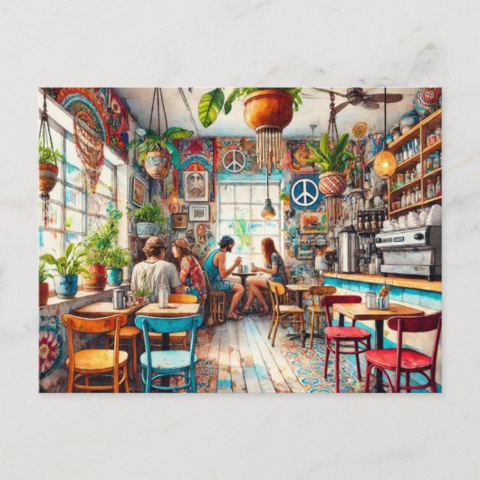 Hippy Café in Miami Watercolor Postkarte (Vorderseite)