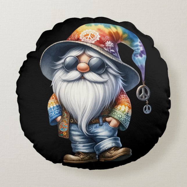 Hippy Gnome Rundes Kissen (Vorderseite)