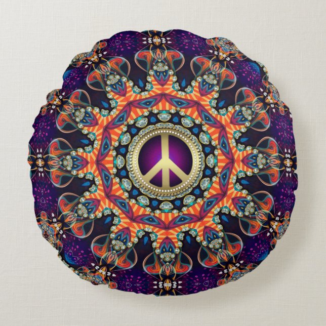 Hippy Groovy Liebe & Peace Psychedelic Rundes Kissen (Vorderseite)