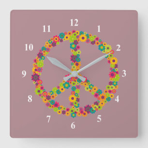 Hippy-Peace-Schilder-Blume Quadratische Wanduhr