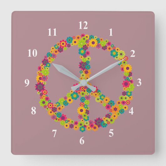 Hippy-Peace-Schilder-Blume Quadratische Wanduhr (Vorderseite)