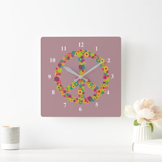 Hippy-Peace-Schilder-Blume Quadratische Wanduhr (Zuhause)