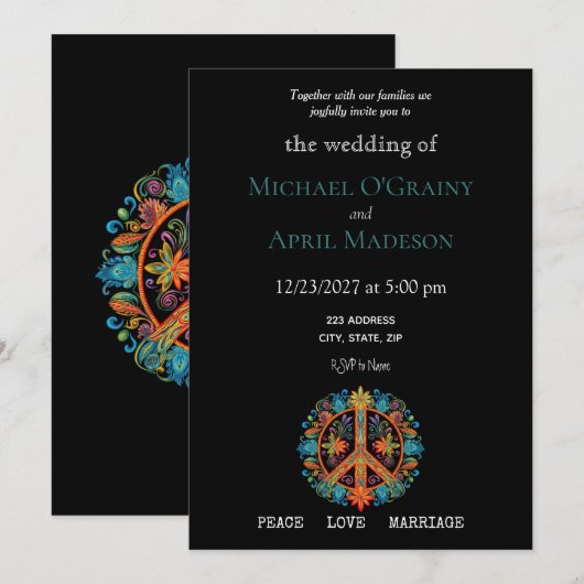 Hippy Peace Sign Wedding Einladung (Vorne/Hinten)