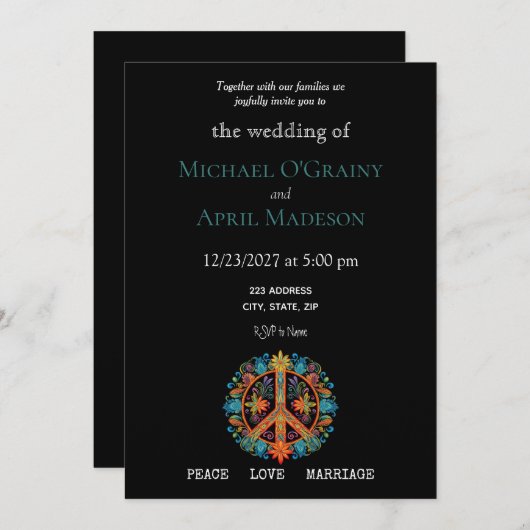 Hippy Peace Sign Wedding Einladung (Vorne/Hinten)