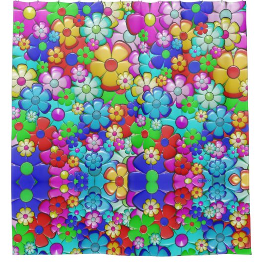 Hippy Retro Blumenart Duschvorhang (Vorderseite)