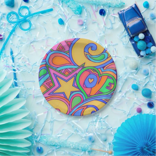 Hippy Retro Peace Art mit Stars Pappteller (Party)