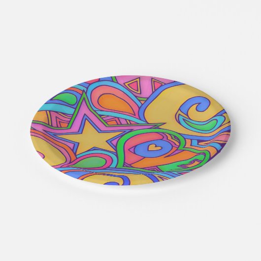 Hippy Retro Peace Art mit Stars Pappteller (Schrägansicht)