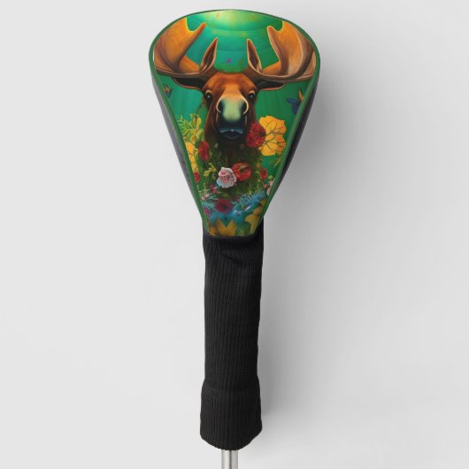 Hippy Trippy Moose mit Blume AI Art Golf Headcover (Vorderseite)