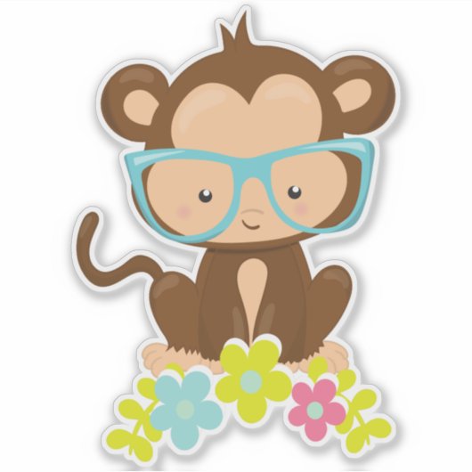 Hipster Affe, Affe mit Brille, Blume Aufkleber (Vorderseite)